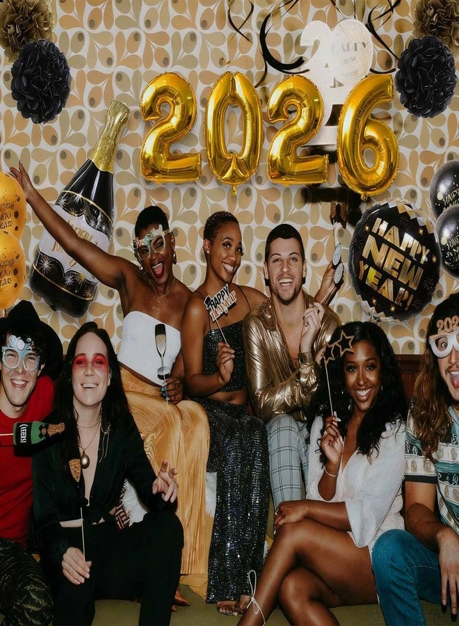 WEIKA Happy New Year Party Decoration 2026 - New Years Eve Party Supplies 2026 Foil Balloon, Happy New Year Banner, New Years Photo Props, Gold Black Bunting Swirl Streamers, Pom Poms New Years Décor - Image 2